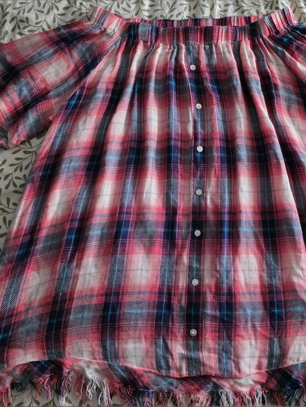 Plaid Off-Shoulder Button-Front Tunic